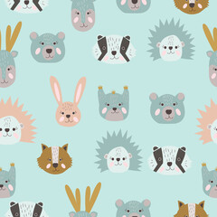 Seamless childish pattern with funny forest animals faces . Creative kids texture for fabric, wrapping, textile, wallpaper, apparel. Vector illustration