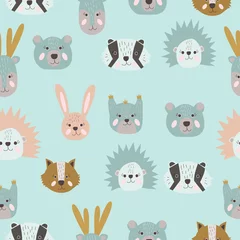 Foto op Aluminium Speelgoed Naadloos kinderachtig patroon met grappige gezichten van bosdieren. Creatieve kindertextuur voor stof, verpakking, textiel, behang, kleding. vector illustratie