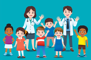 The doctor invites international kids group to come for annual health checkup or to check for diseases with relax. Professional General Medical Pediatrician character.