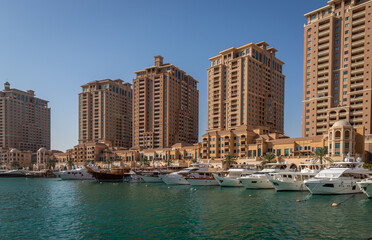 Fototapeta na wymiar View from the Pearl Qatar, a new residential area with a marina in the middle, Qatar.