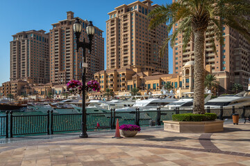 View from the Pearl Qatar, a new residential area with a marina in the middle, Qatar.