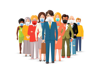International business team wear masks to protect from COVID on white, concept horizontal flat illustration