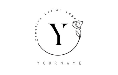 Creative initial letter Y logo with lettering circle hand drawn flower element and leaf.