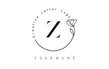 Creative initial letter Z logo with lettering circle hand drawn flower element and leaf.