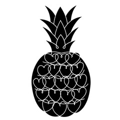 Pineapple black with hearts.Exotic fruit isolated white background. A symbol of organic food. Logo illustration of the design element icon