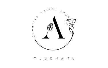 Creative initial letter A logo with lettering circle hand drawn flower element and leaf.