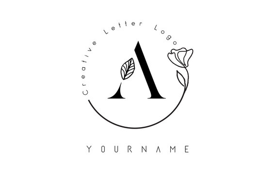 Creative initial letter A logo with lettering circle hand drawn flower element and leaf.