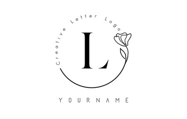 Creative initial letter L logo with lettering circle hand drawn flower element and leaf.