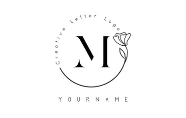 Creative initial letter M logo with lettering circle hand drawn flower element and leaf.