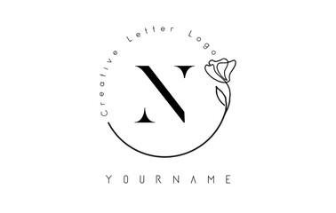 Creative initial letter N logo with lettering circle hand drawn flower element and leaf.
