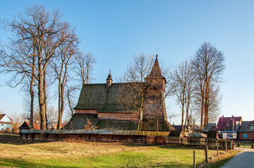 Debno, Poland. Medieval wooden Gothic church of the Saint Archangel Michael, built in 15th century,...