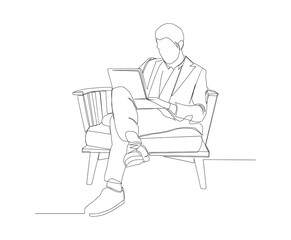 Continuous line drawing of business man sitting witht a laptop.