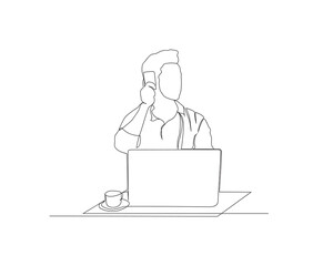 Fototapeta na wymiar Continuous line drawing of man sitting calling using a phone. a cup of coffee and a laptop on the table.