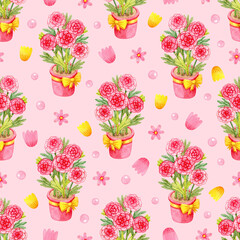 Cute girly pattern with stylized watercolor flowers on a pink background. Floral seamless pattern with a picture of pink flowers in a pot.