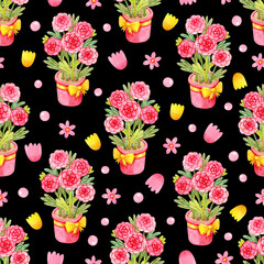 Cute girly pattern with stylized watercolor flowers on a black background. Floral seamless pattern with a picture of pink flowers in a pot.