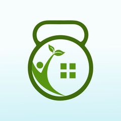 Home Care with fitness dumbbell icon vector logo design.