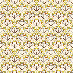 Seamless pattern in yellow, brown and beige colors. Repeating elements of three abstract colors, rounded shapes, beige background.