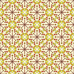 Seamless abstract pattern, mosaic of colored rounded elements in yellow, brown and scarlet colors, beige background.