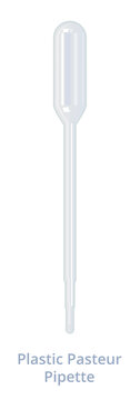 Vector realistic illustration of disposable plastic Pasteur pipette, transfer pipette, or eye dropper isolated on white. Squeezable pipette, medical, biological, or chemical laboratory equipment.