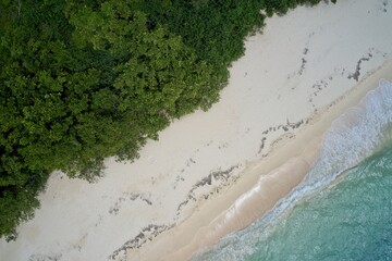 Aerial view of sea, sand and forest on Curieuse Island, Seychelles.