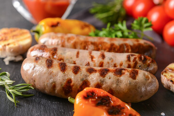 Slate plate with delicious grilled sausages on dark background, closeup