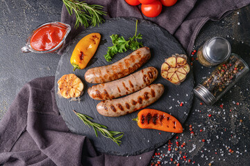 Slate plate with delicious grilled sausages on dark background