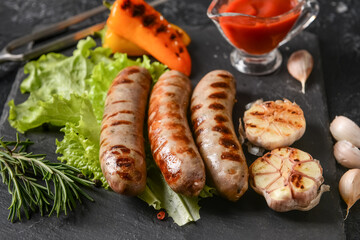 Slate plate with delicious grilled sausages on dark background
