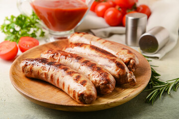 Plate with delicious grilled sausages on light background