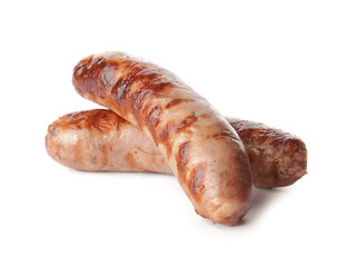 Delicious grilled sausages on white background