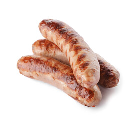 Delicious grilled sausages on white background
