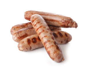 Delicious grilled sausages on white background