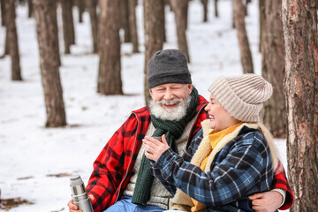 Fototapeta premium Happy mature couple drinking hot tea in forest on winter day