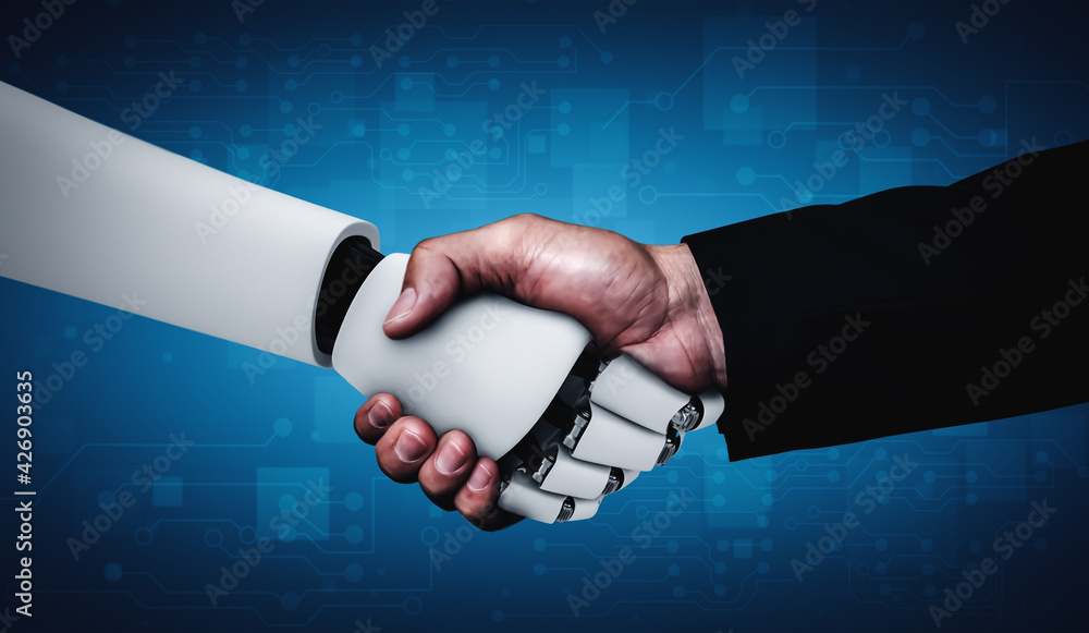 Aufkleber 3d rendering humanoid robot handshake to collaborate future technology development by ai thinking br