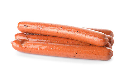Tasty vegetarian sausages on white background