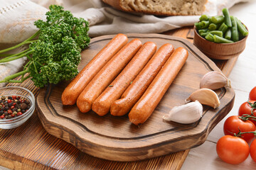 Board with tasty sausages, vegetables and spices on table, closeup
