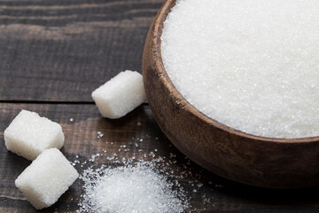 White, crystalline granulated sugar and white cube sugar.  Sugar is a harmful food to the body. Excessive consumption reveals diabetes and accelerates weight gain. 