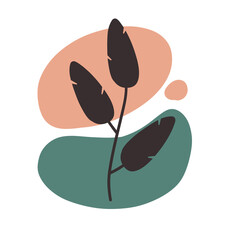 Plant on background of colored spots. Black botanical branch and red and green geometric abstract pattern in a minimalist style. Doodle object