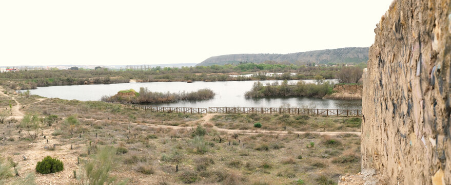 Panoramic view of Miralrio lake in Velilla de San Antonio, Madrid, Spain.