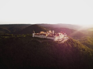 Aerial panorama view of idyllic benedictine abbey cloister monastery Stift Gottweig in Krems Wachau...