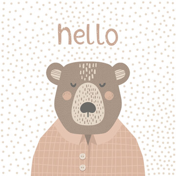 Cute bear in plaid shirt. Joyful mood. Handwritten lettering hello. Dotted background. Hand-drawn postcard, poster for the nursery. Scandinavian style animal cover design. Vintage vector illustration
