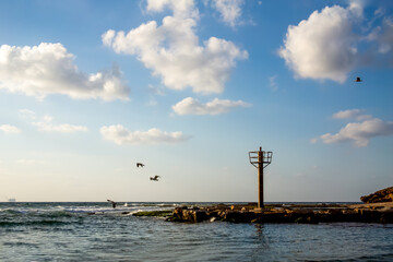 blue low sky with a lot of white clouds over the lighthouse on the seashore or ocean, seagulls fly over the sea