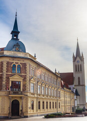 Gothic Franciscan parish church and high school in Main Square, Keszthely, Lake Balaton, Hungary, Europe