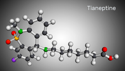 Tianeptine molecule. It is tricyclic antidepressant TCA. Molecular model. 3D rendering