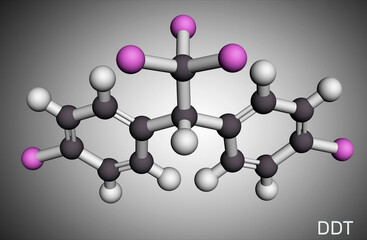 Obraz premium DDT, dichlorodiphenyltrichloroethane molecule. It is commonly used organochlorine insecticide. Molecular model. 3D rendering