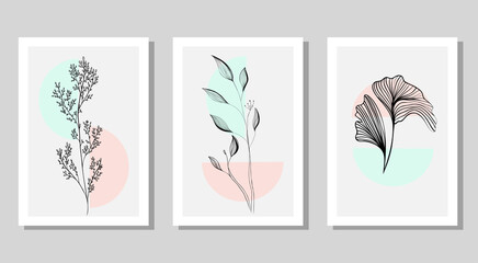 Abstract wall art gallery, minimal and natural set of 3 prints with flowers and geometric shapes. Plant Vector art design for print, cover, wallpaper and ect.