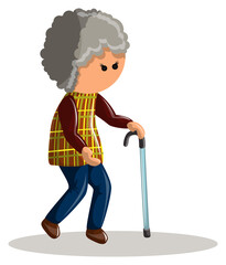 Vector image of a middle-aged woman leaning on a cane while walking. Isolated over white background. EPS 10