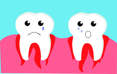 The tooth bleeds in the gum. Blood from two teeth. Vector. Cute cartoon character of tooth with gum problem crying. Oral, teeth and gums care concept, gingivitis and bleeding. Illustration
