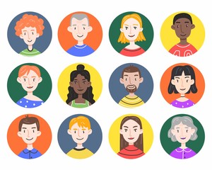 Set with portraits of different people in colored circles in a cute cartoon style isolated on a white background. Collection of people avatars. Female and male faces. Vector illustration.