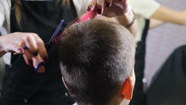 Hairdressing saloon. Children haircut in salon. Little boy hairdressing. Child hair styling. Hair stylist making stylish hairstyle for little boy. Professional haircut for children in barbershop. 4 k