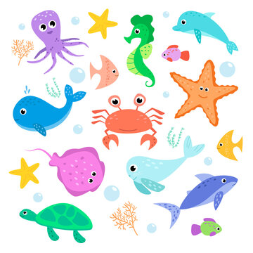 A set of colorful sea animals and fish. Flat style. Vector illustration